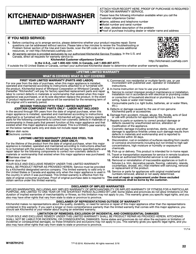 Page 1 de la notice Informations de garantie KitchenAid Architect KDTE404DBL