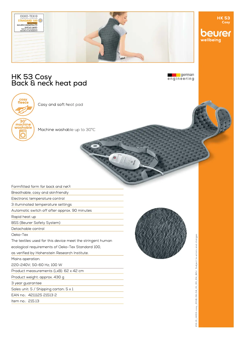 Page 1 de la notice Fiche technique Beurer HK 53 Cosy