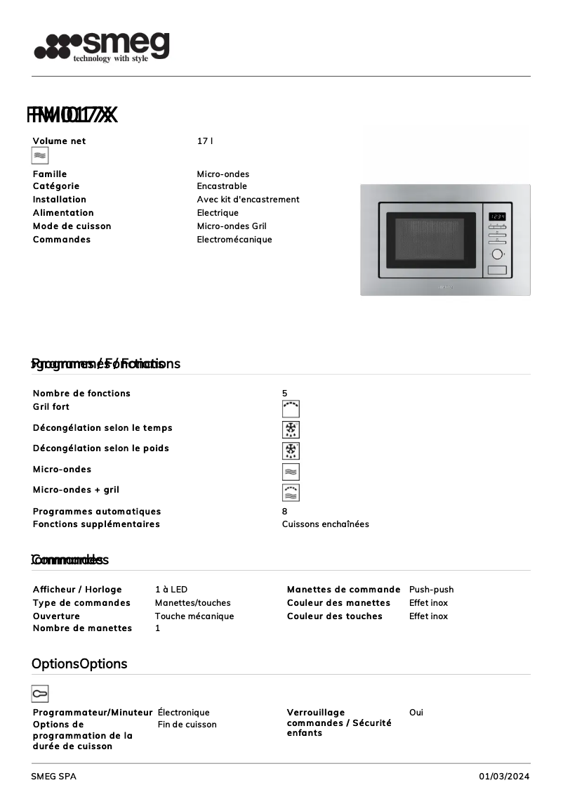 Página 1 del manual Ficha técnica Smeg FMI017X