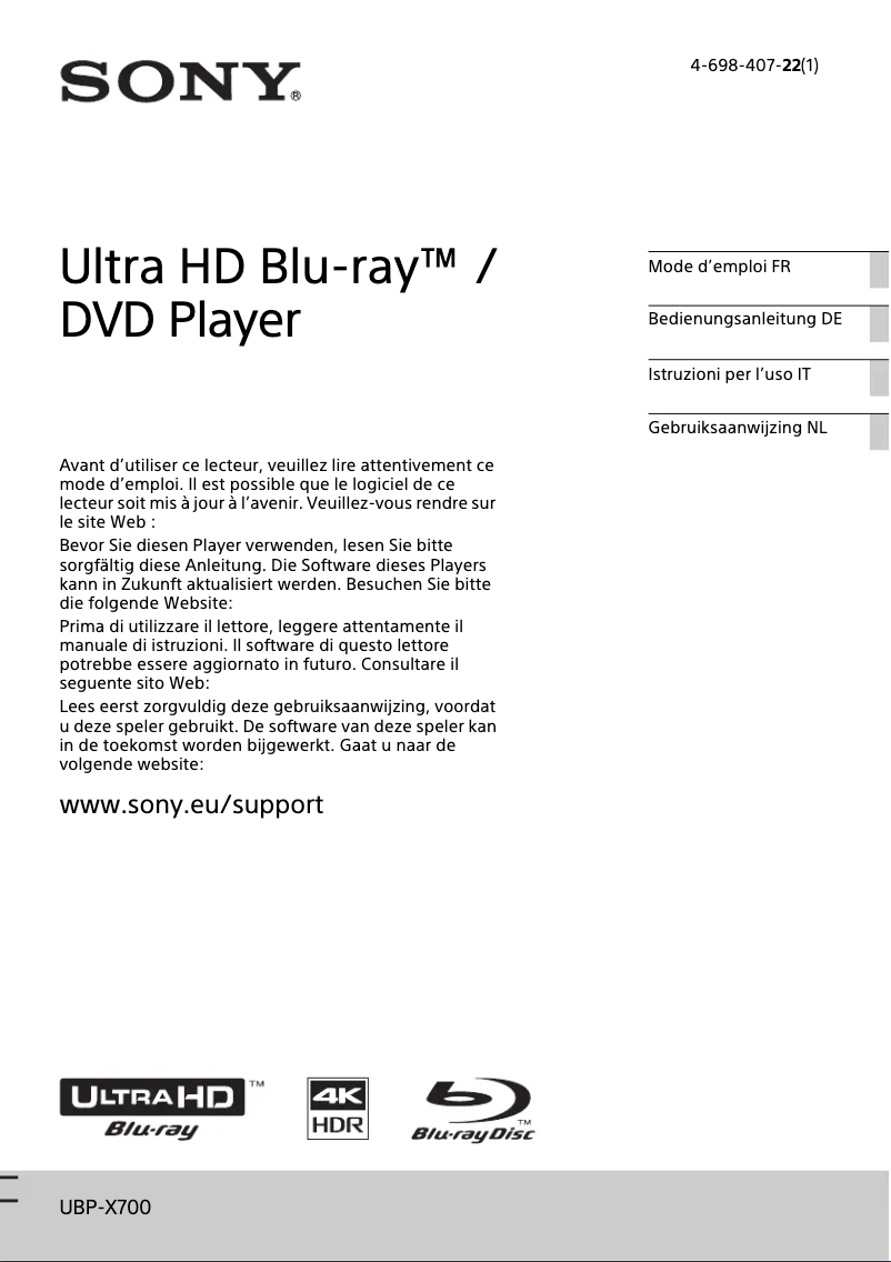 Page 1 de la notice Manuel utilisateur Sony UBP-X700