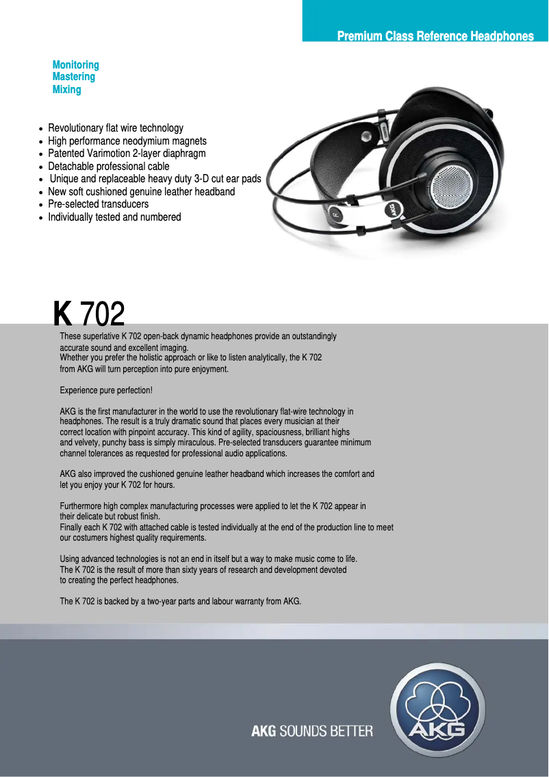Page 1 de la notice Fiche technique AKG K702