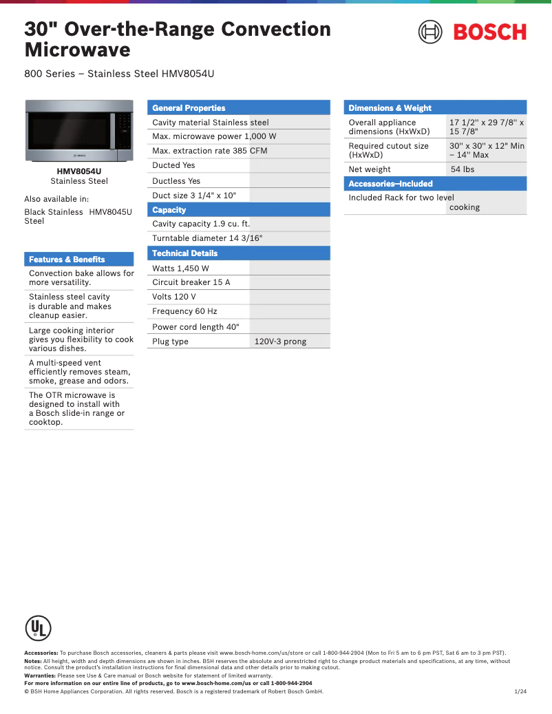 Page 1 de la notice Fiche technique Bosch HMV8054U