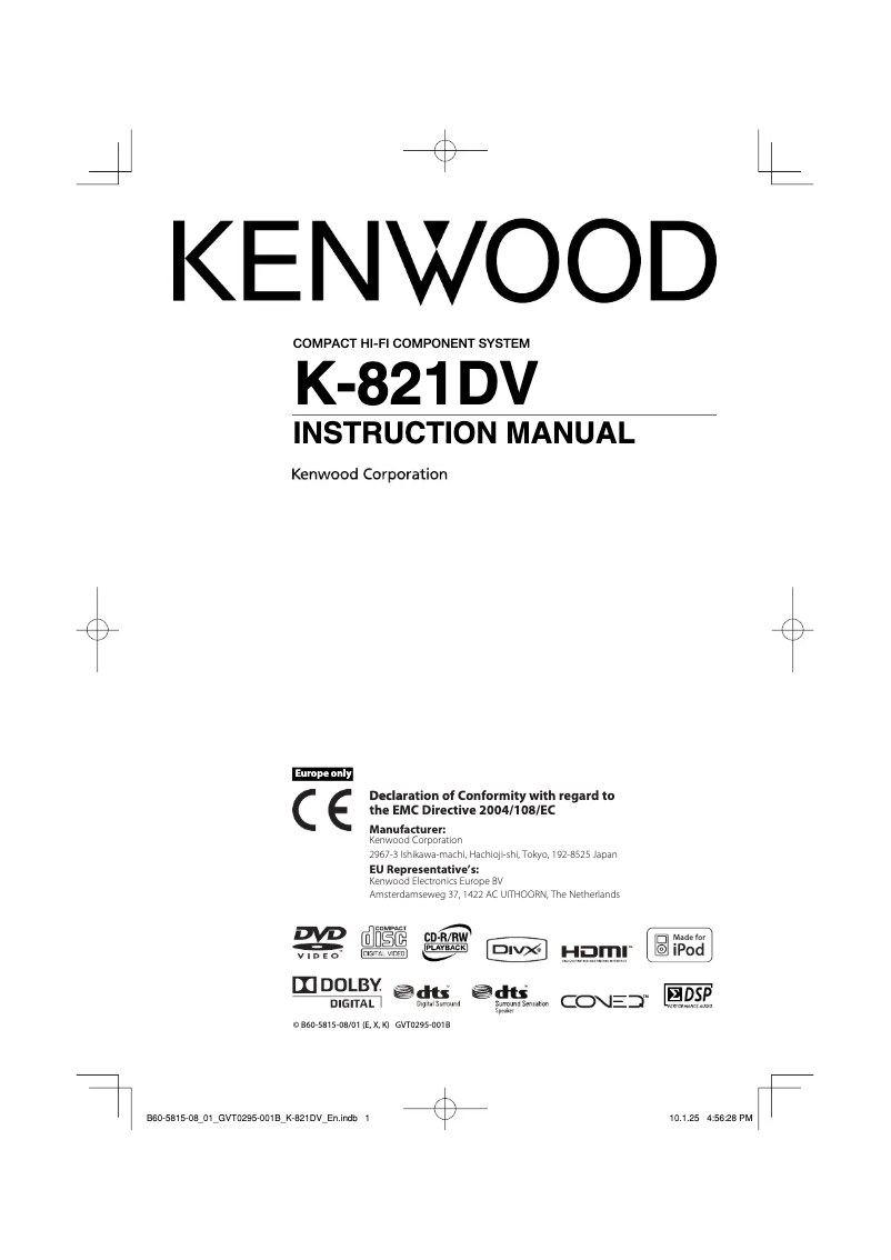 Page 1 de la notice Manuel utilisateur Kenwood K-821DV