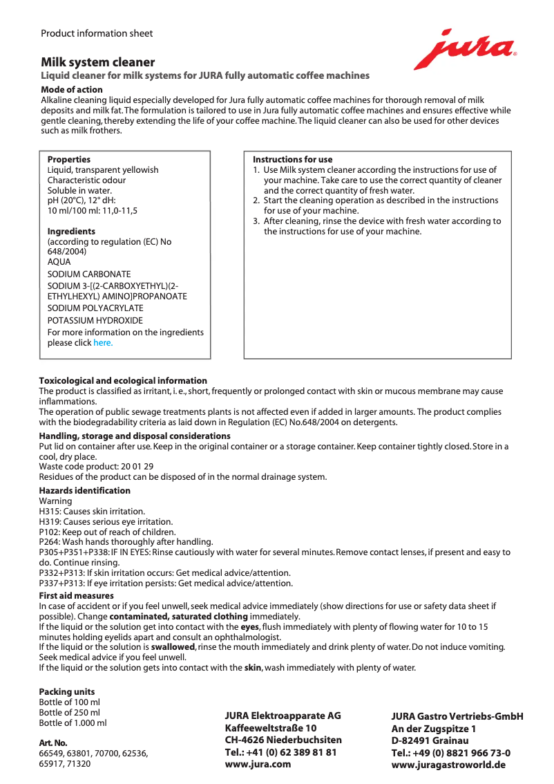 Page 1 de la notice Fiche technique Jura Milk System Cleaner