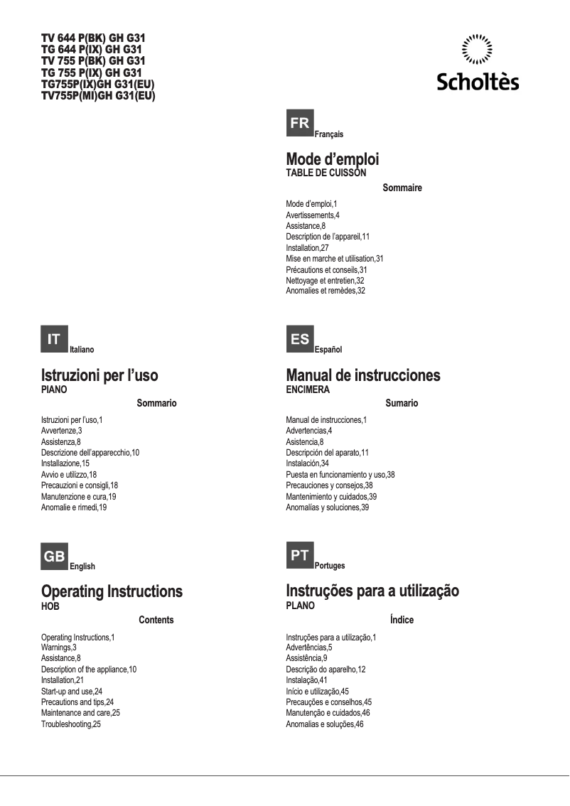 Page 1 de la notice Manuel utilisateur Scholtès TV755P(MI)GH G31(EU)