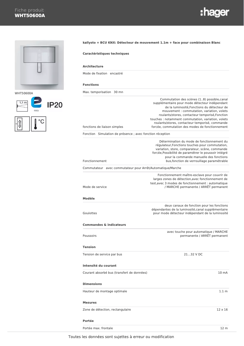 Page 1 de la notice Fiche technique Hager WHT50600A