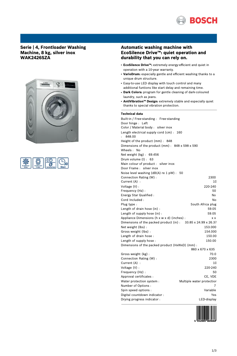 Page 1 de la notice Fiche technique Bosch WAK2426SZA