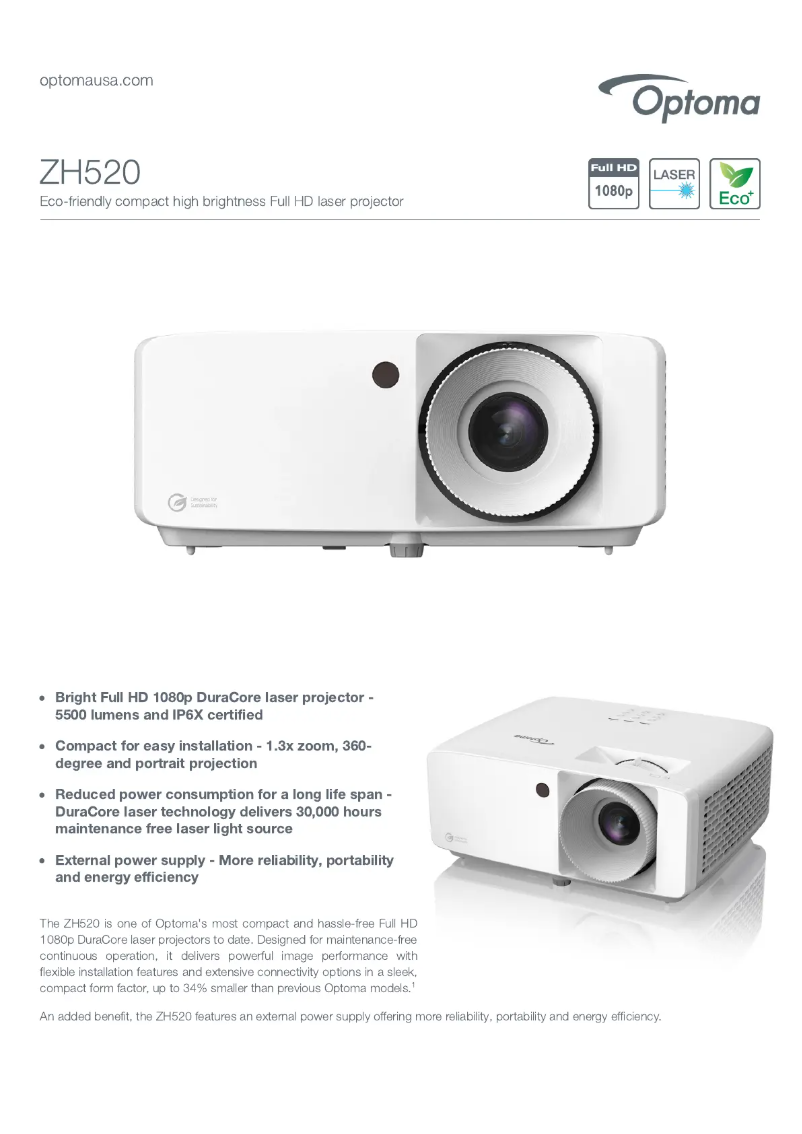 Page 1 de la notice Fiche technique Optoma ZH520