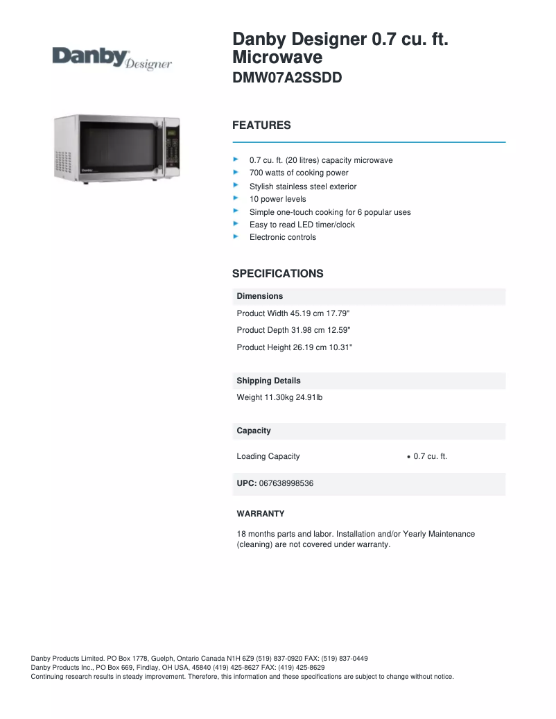 Página 1 del manual Ficha técnica Danby DMW07A2SSDD