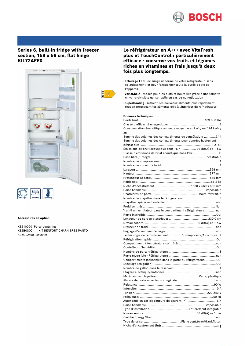 Page 1 de la notice Fiche technique Bosch KIL72AFE0
