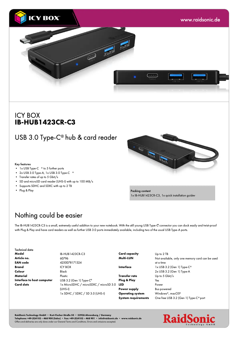 Page 1 de la notice Fiche technique Icy Box IB-HUB1423CR-C3