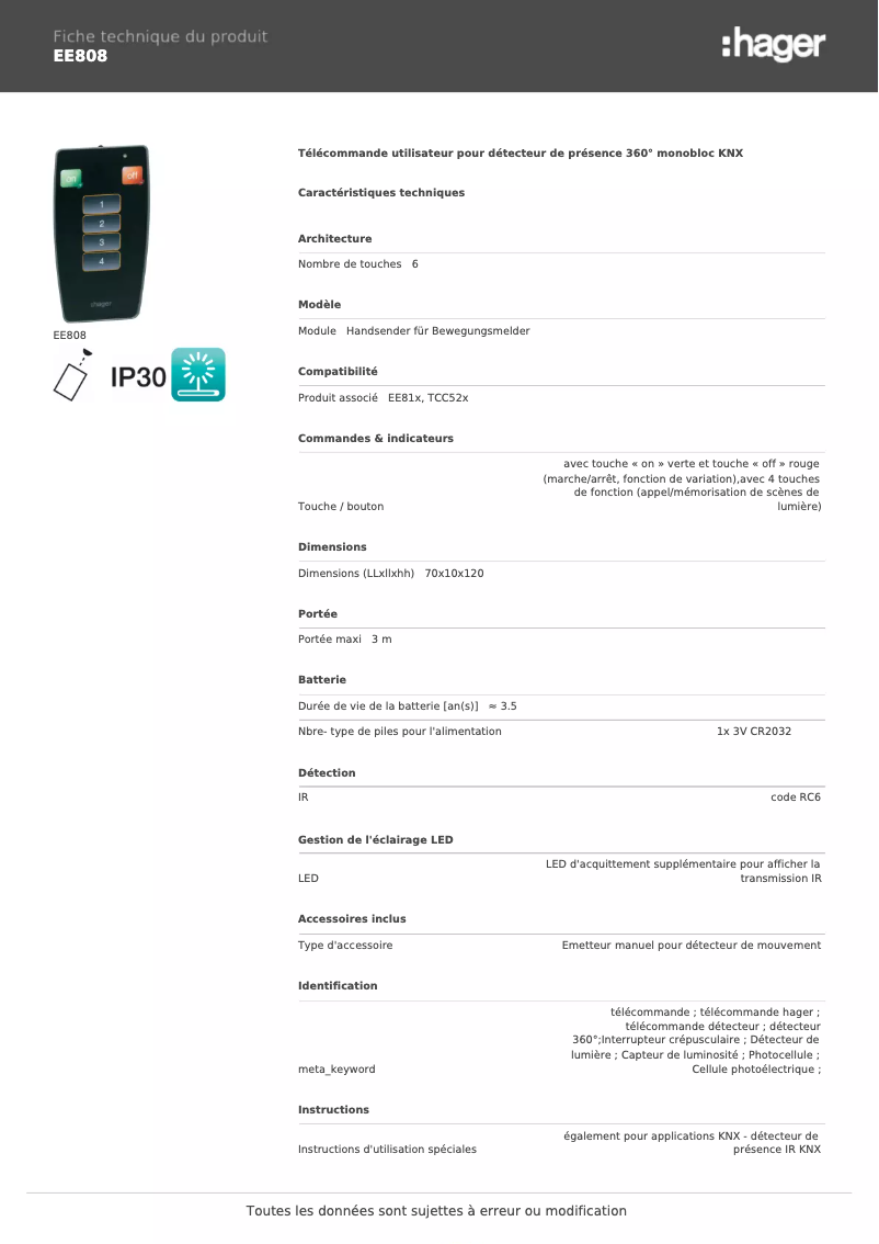 Page 1 de la notice Fiche technique Hager EE808