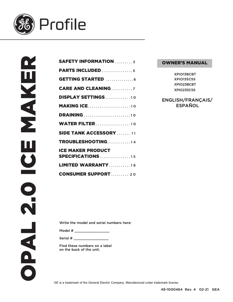 Página 1 del manual Manual de usuario GE Profile Opal XPIO13SCSS