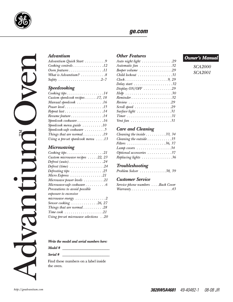 Page 1 of the manual Use and Maintenance Manual GE SCA2000FWW