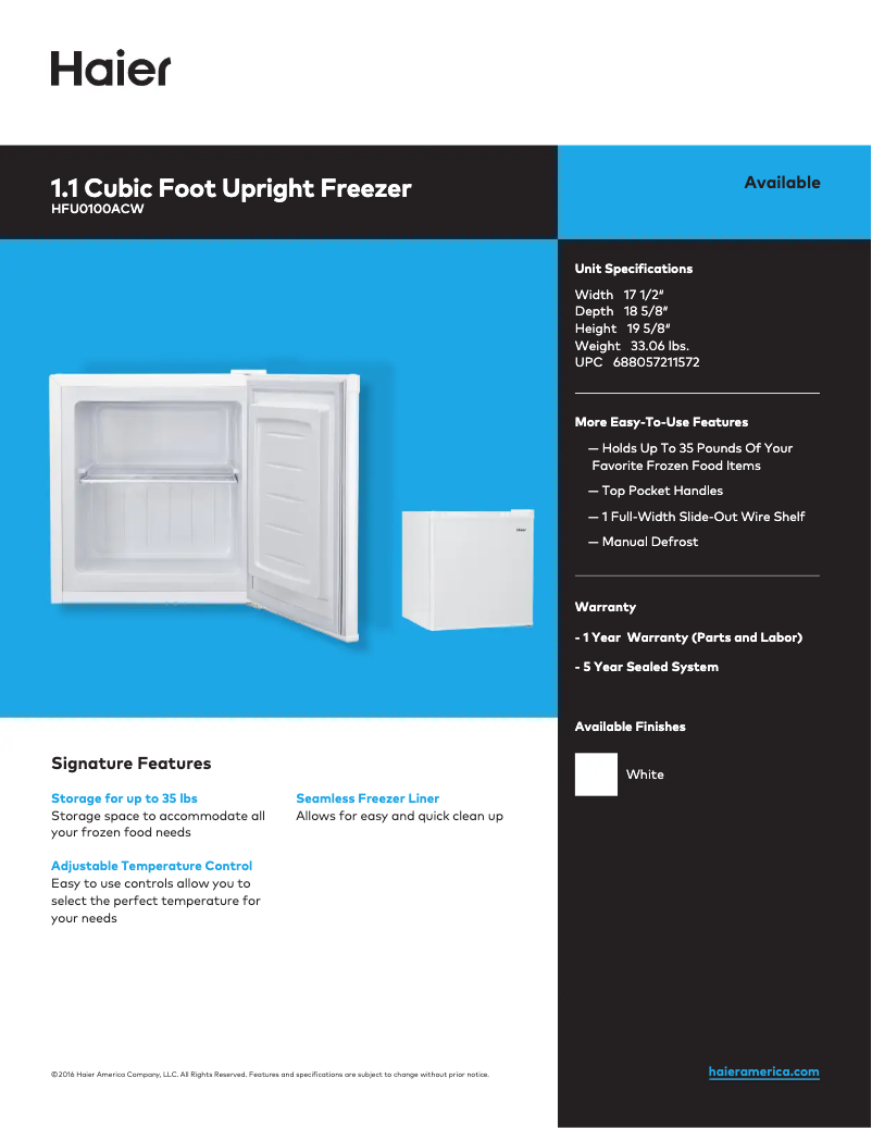 Página 1 del manual Ficha técnica Haier HFU0100ACW