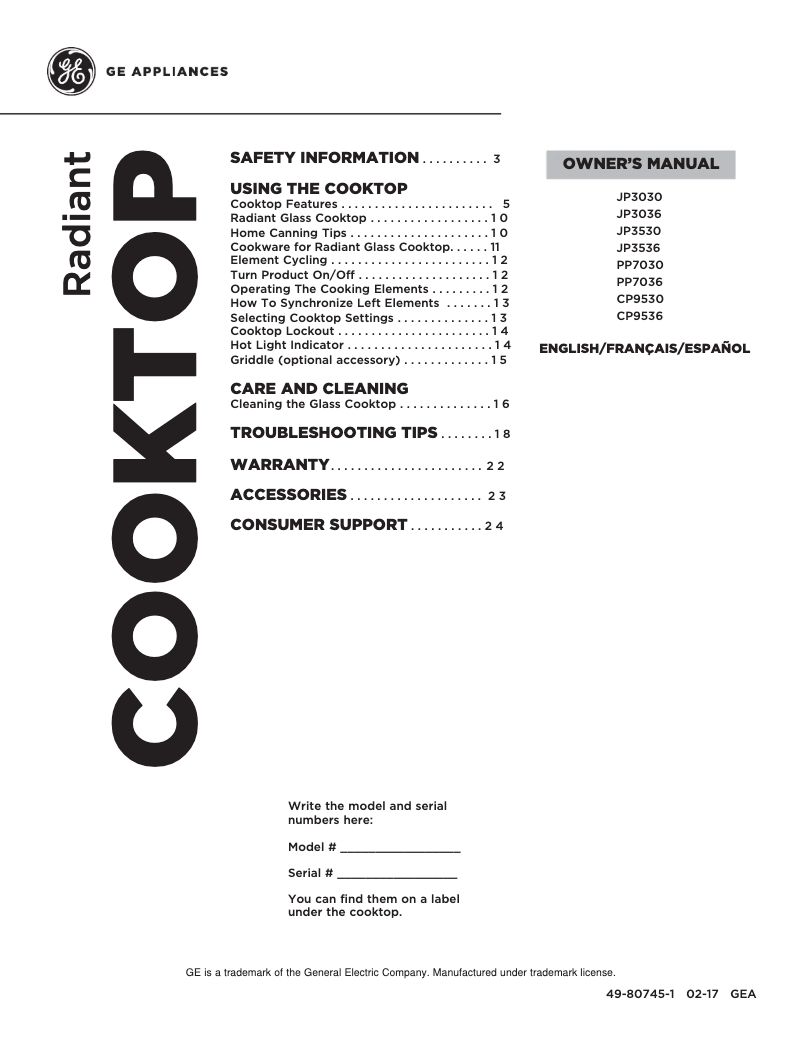 Page 1 of the manual User Manual GE JP3530TJWW