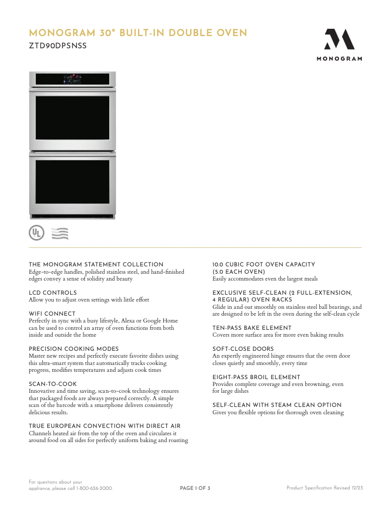 Page 1 de la notice Fiche technique Monogram ZTD90DPSNSS