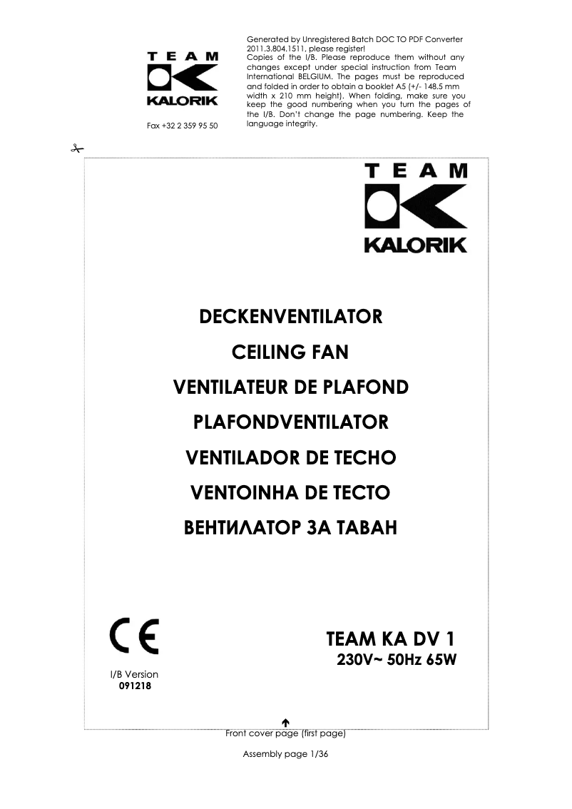 Page 1 de la notice Manuel utilisateur Team KA DV 1