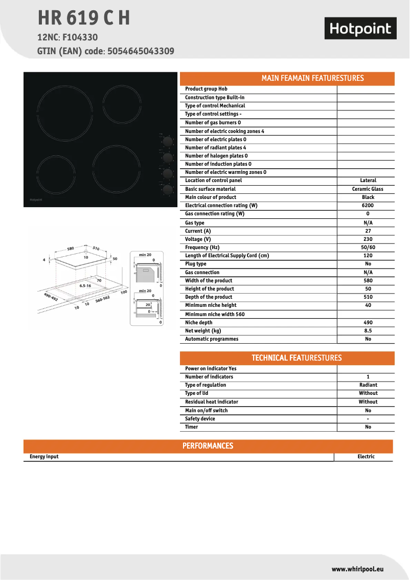 Página 1 del manual Ficha técnica Hotpoint HR 619 C H