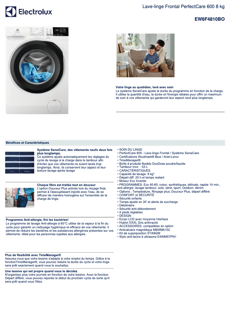 Page 1 de la notice Fiche technique Electrolux EW6F4810BO