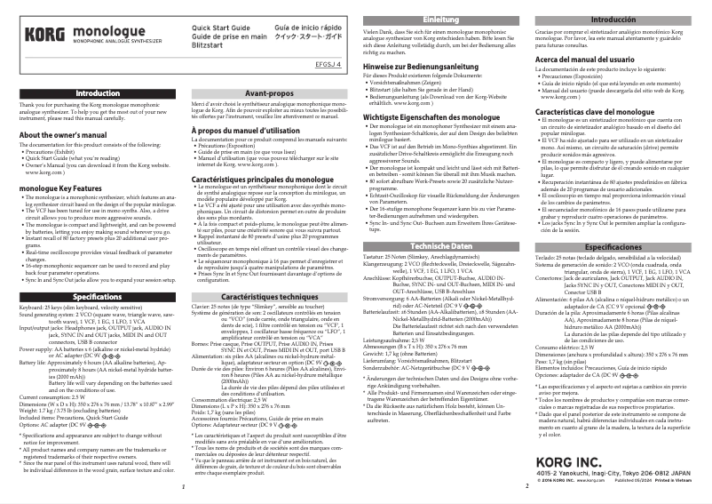 Page 1 de la notice Guide de démarrage rapide Korg Monologue