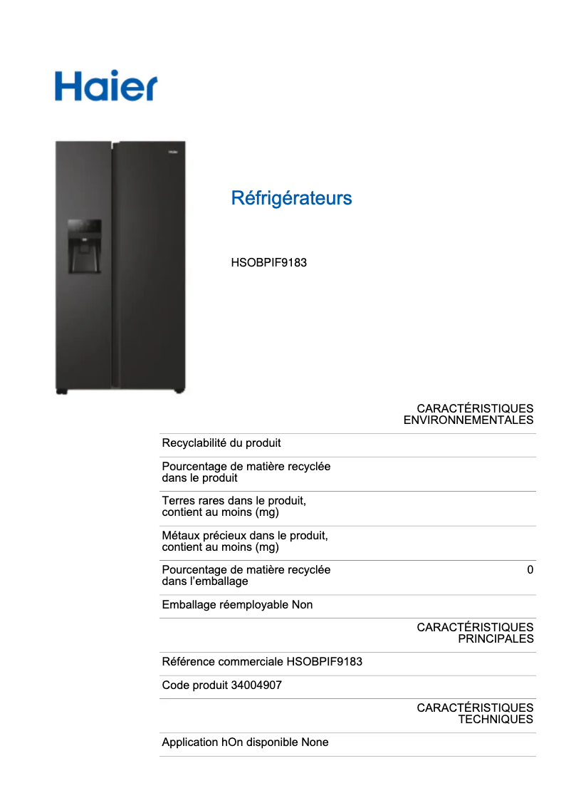 Page 1 de la notice Label énergétique Haier HSOBPIF9183