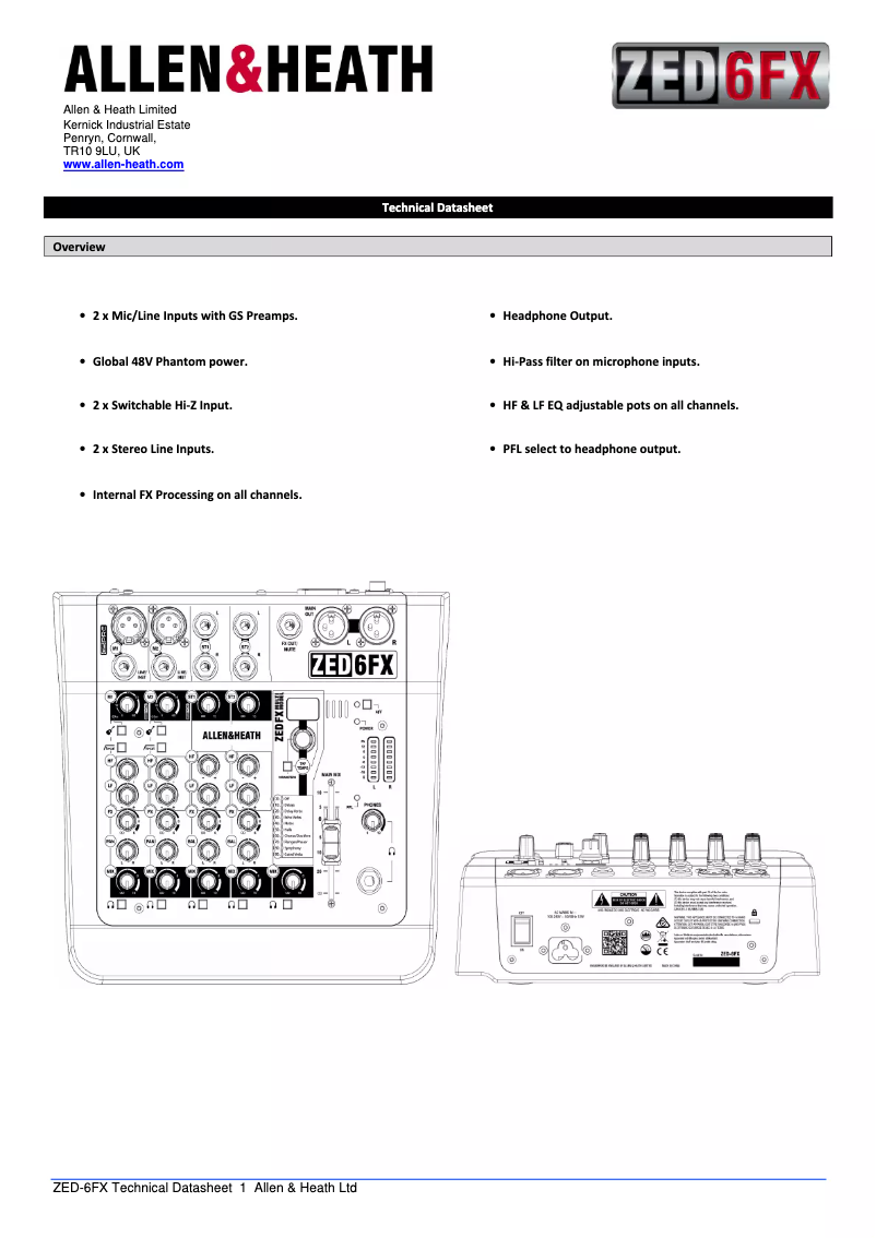 Página 1 del manual Ficha técnica Allen & Heath ZED-6FX