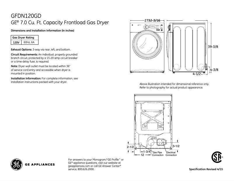 Página 1 del manual Ficha técnica GE GFDN120GDWW