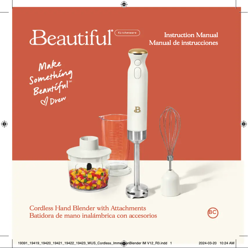 Page 1 de la notice Manuel utilisateur Beautiful Cordless Hand Blender with Attachments