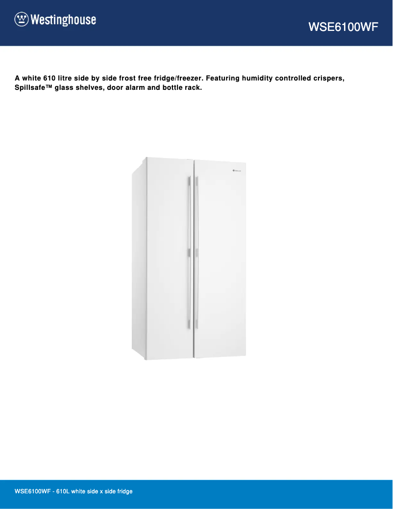 Page 1 de la notice Fiche technique Westinghouse WSE6100WF