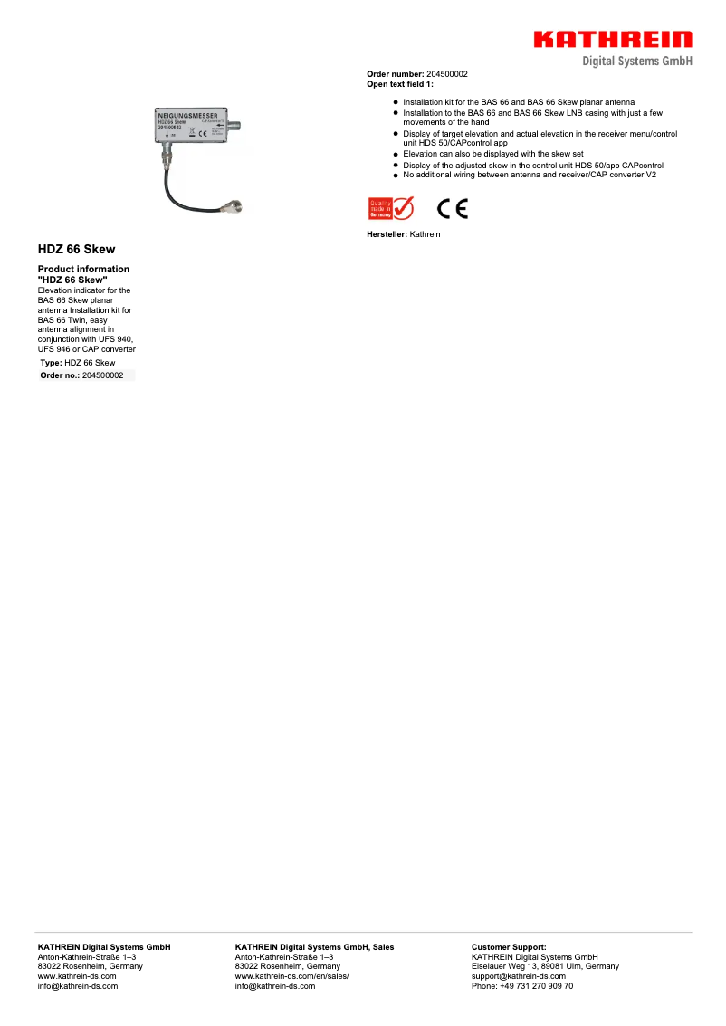 Page 1 de la notice Fiche technique Kathrein HDZ 66 Skew