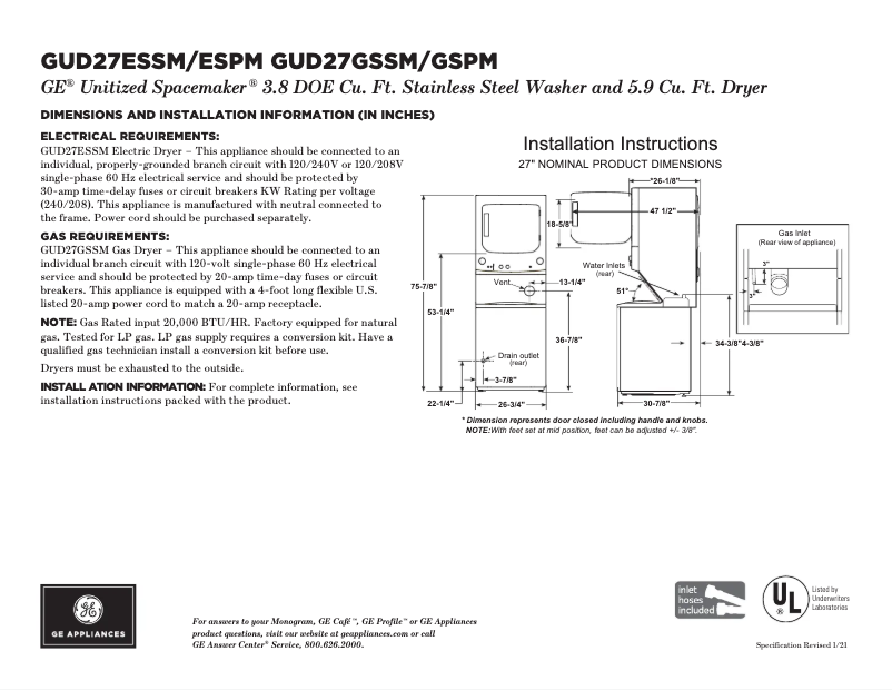 Page n°1 - Fiche technique GE GUD27ESPMDG