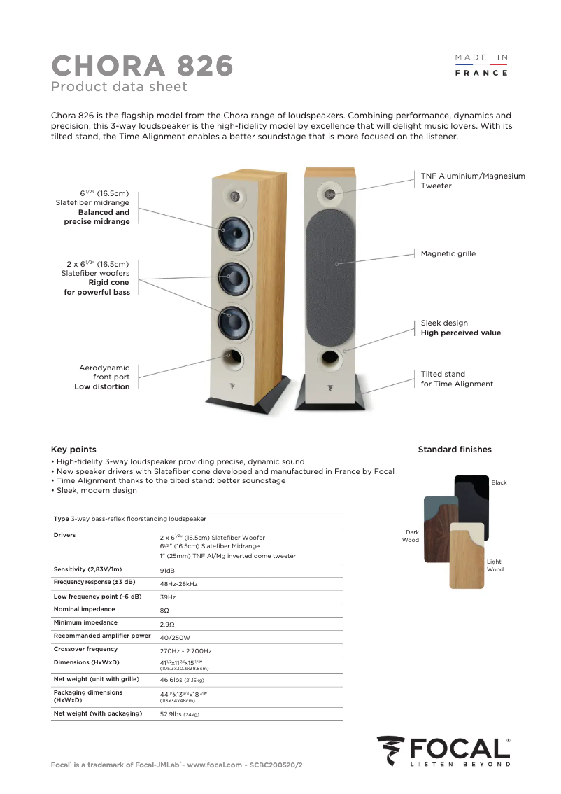 Page 1 de la notice Fiche technique Focal Chora 826