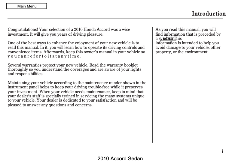 Page 1 de la notice Manuel utilisateur Honda Accord Sedan (2010)