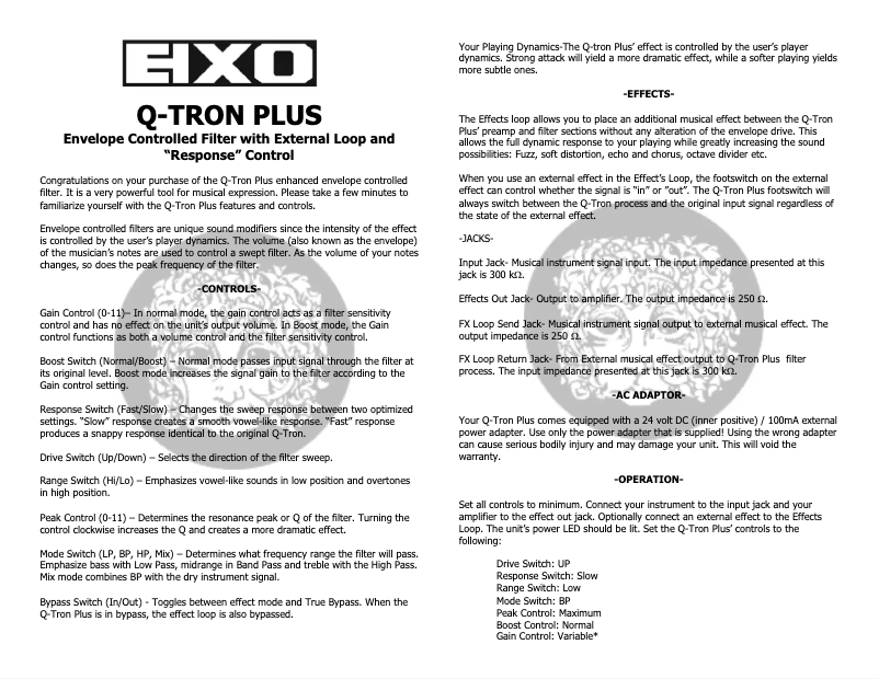 Page 1 de la notice Manuel utilisateur Electro Harmonix Q-Tron Plus