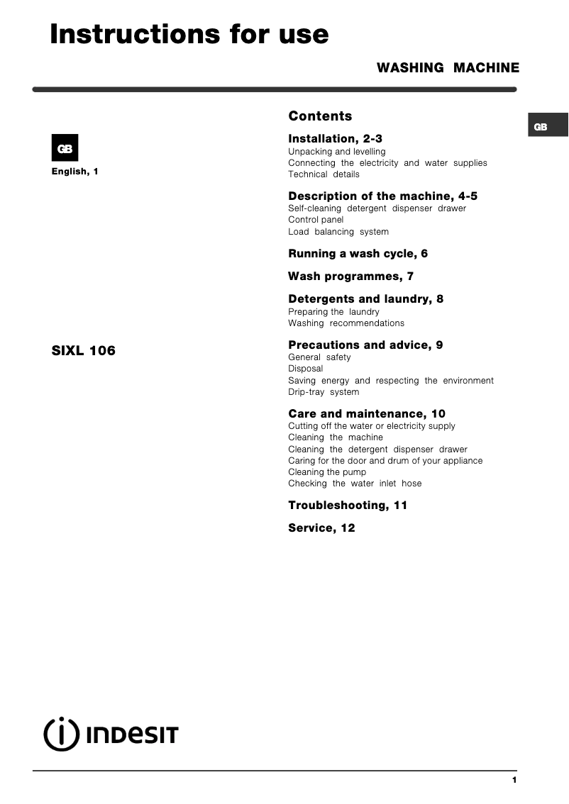 Page 1 de la notice Manuel utilisateur Indesit SIXL 106 (AUS)