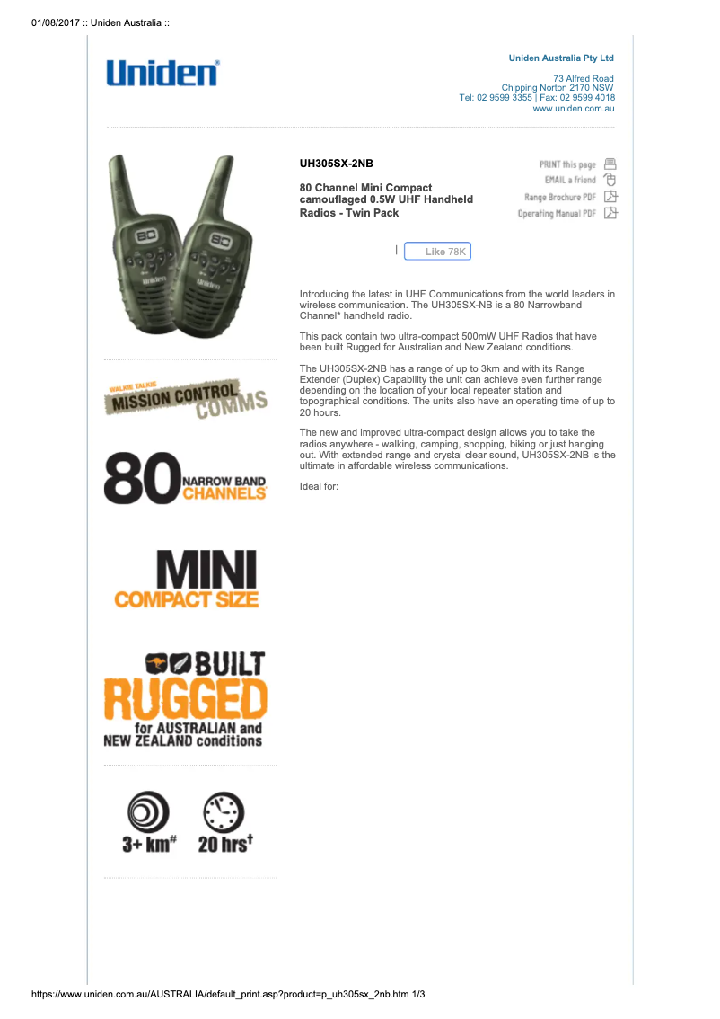 Page 1 de la notice Manuel utilisateur Uniden UH305SX-2NB