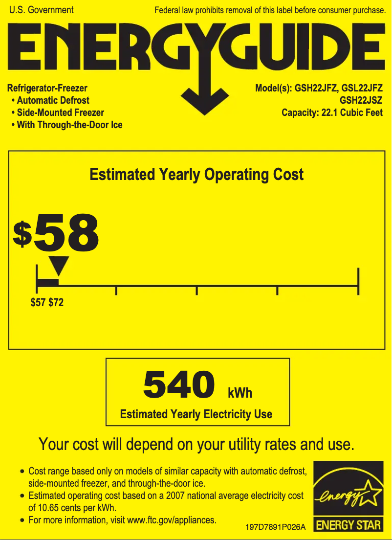Page 1 de la notice Label énergétique GE GSH22JFZCC