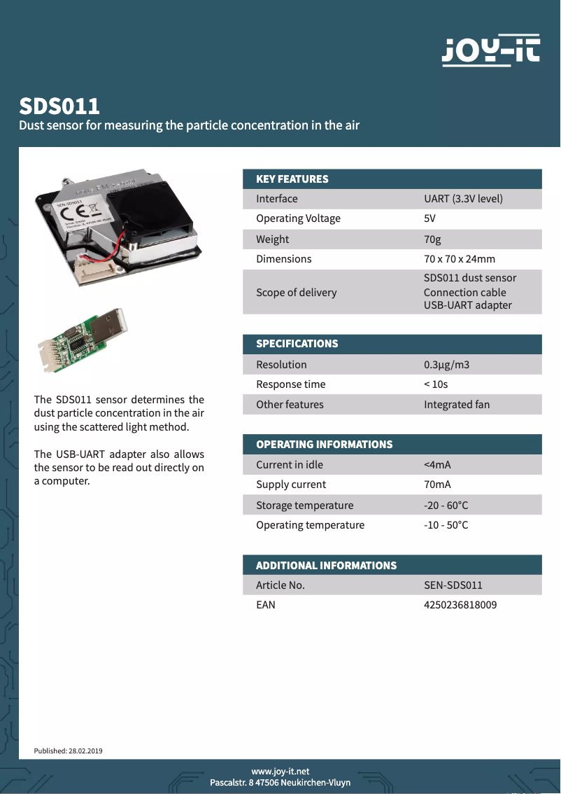 Página 1 del manual Ficha técnica Joy-It SEN-SDS011