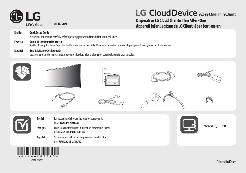 Page 1 de la notice Guide d'installation LG 38CK950N