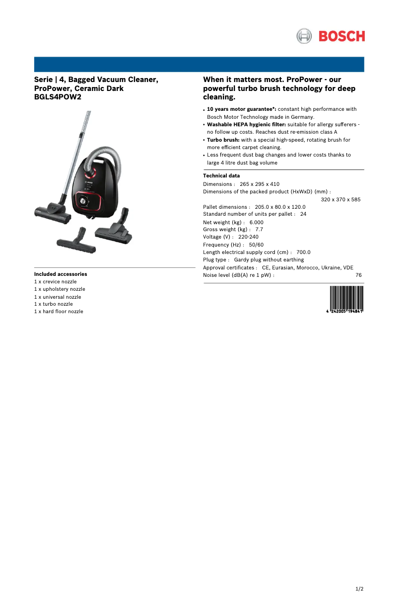 Página 1 del manual Ficha técnica Bosch Serie 4 ProPower BGLS4POW2