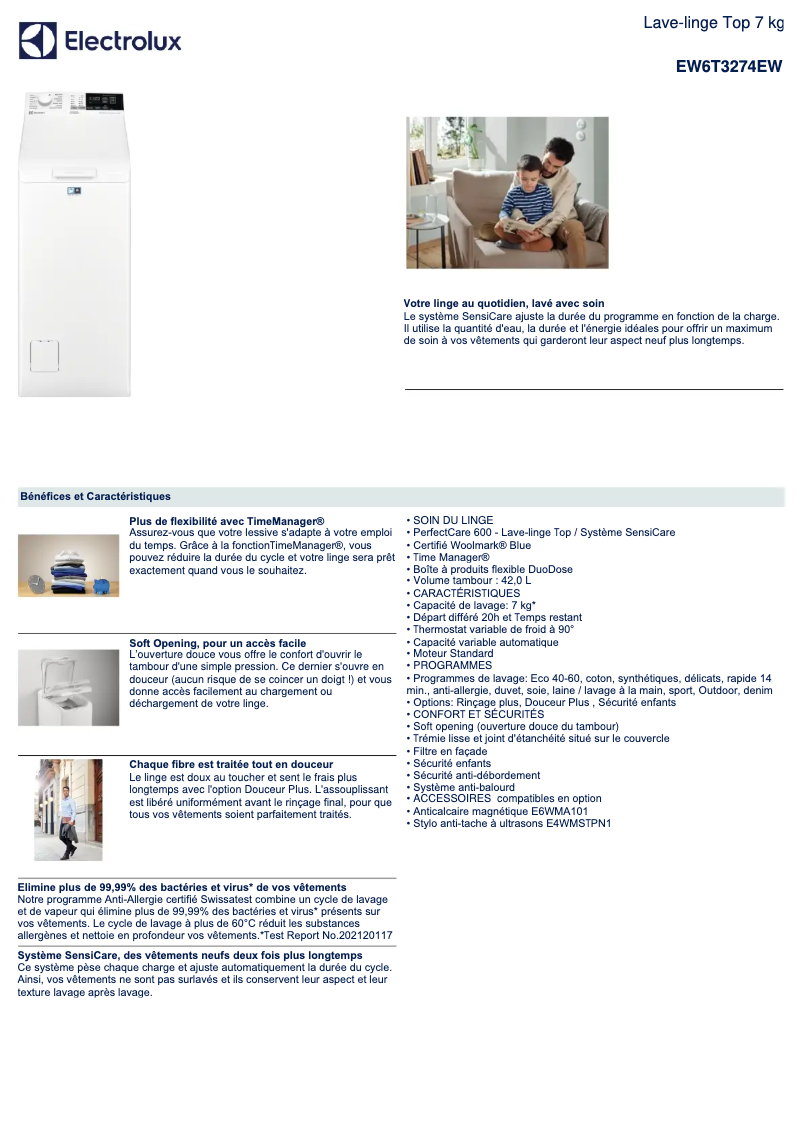 Página 1 del manual Ficha técnica Electrolux EW6T3274EW