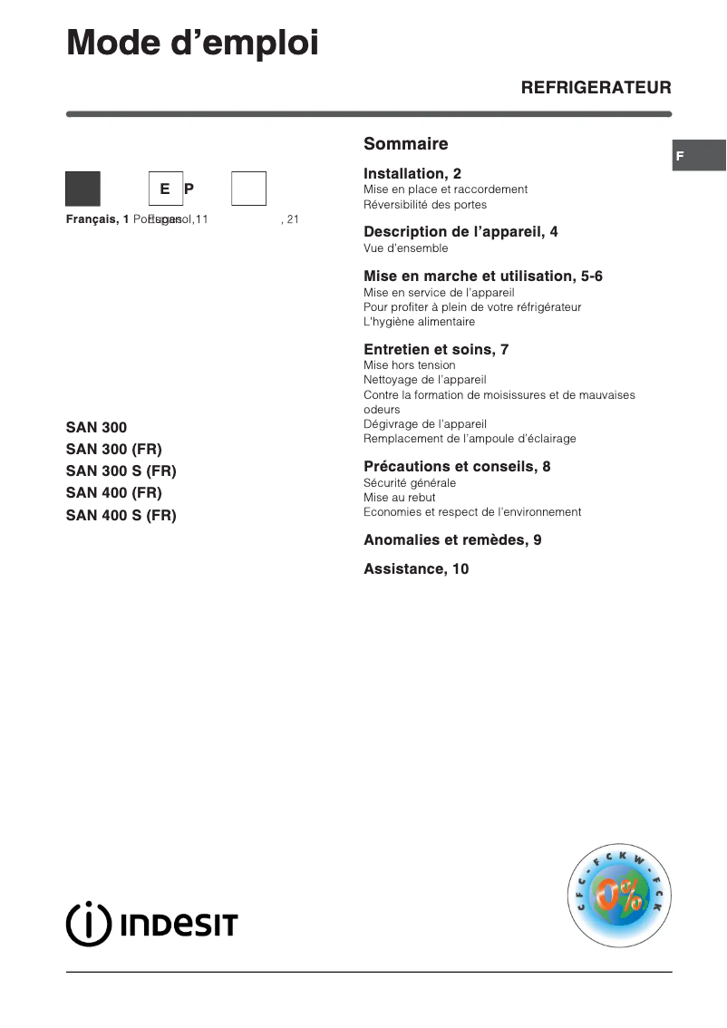Page n°1 - Manuel utilisateur Indesit SAN 300 S (FR)
