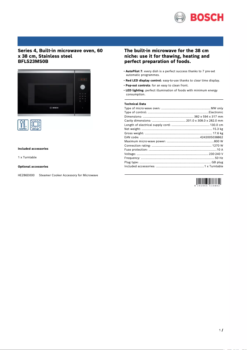 Page 1 de la notice Fiche technique Bosch Serie 4 BFL523MS0B