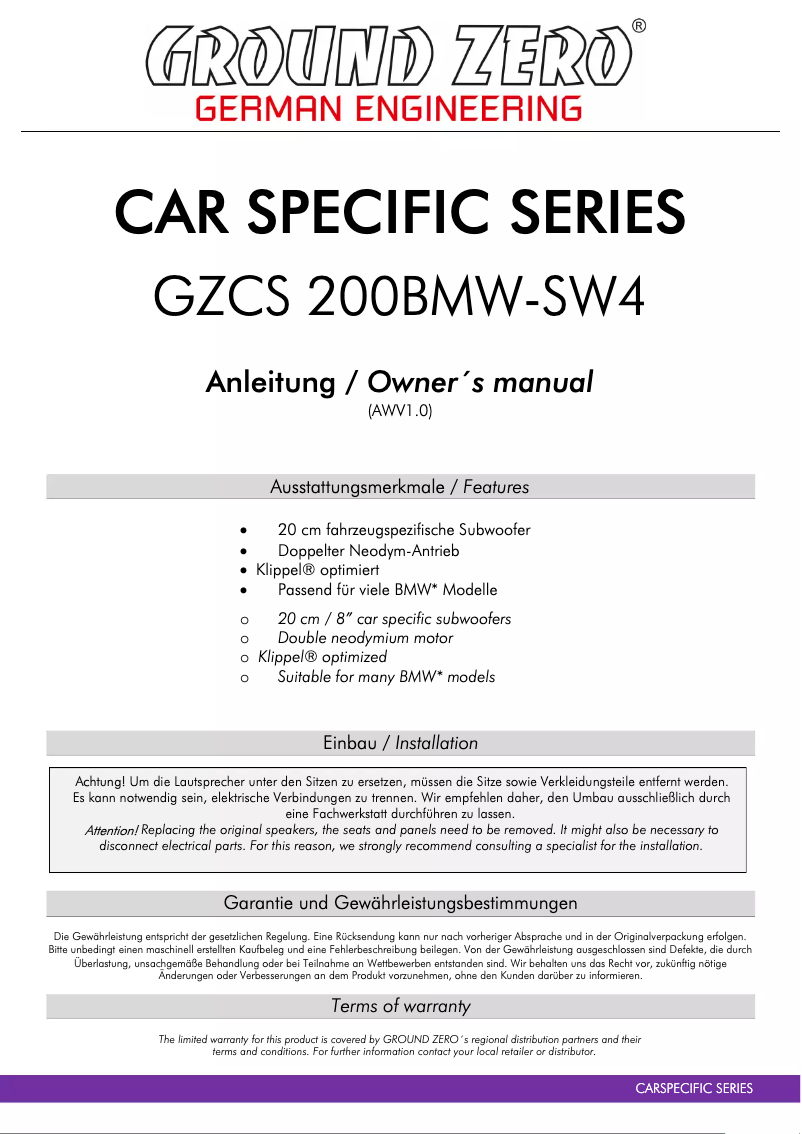 Page 1 de la notice Manuel utilisateur Ground Zero GZCS 200BMW-SW4