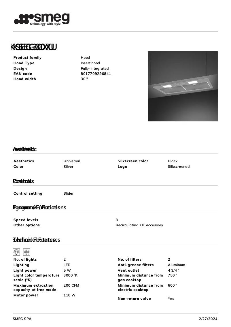 Page 1 de la notice Fiche technique Smeg KSEG30XU