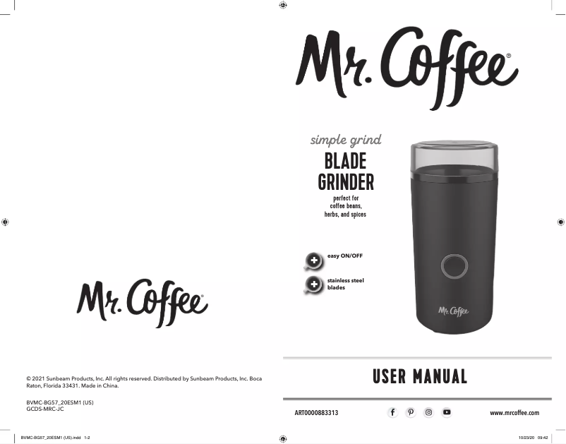 Page 1 de la notice Manuel utilisateur Mr. Coffee Simple Grind 14-Cup