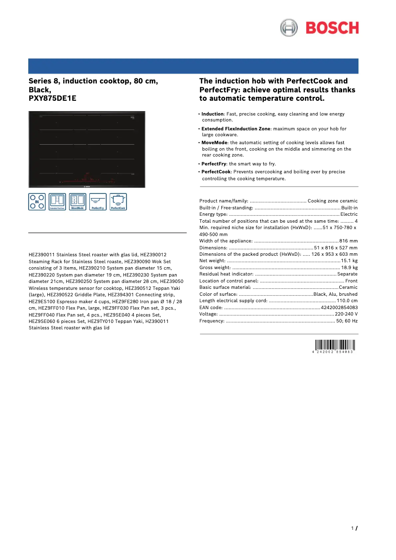 Page 1 of the manual Technical Sheet Bosch PXY875DE1E