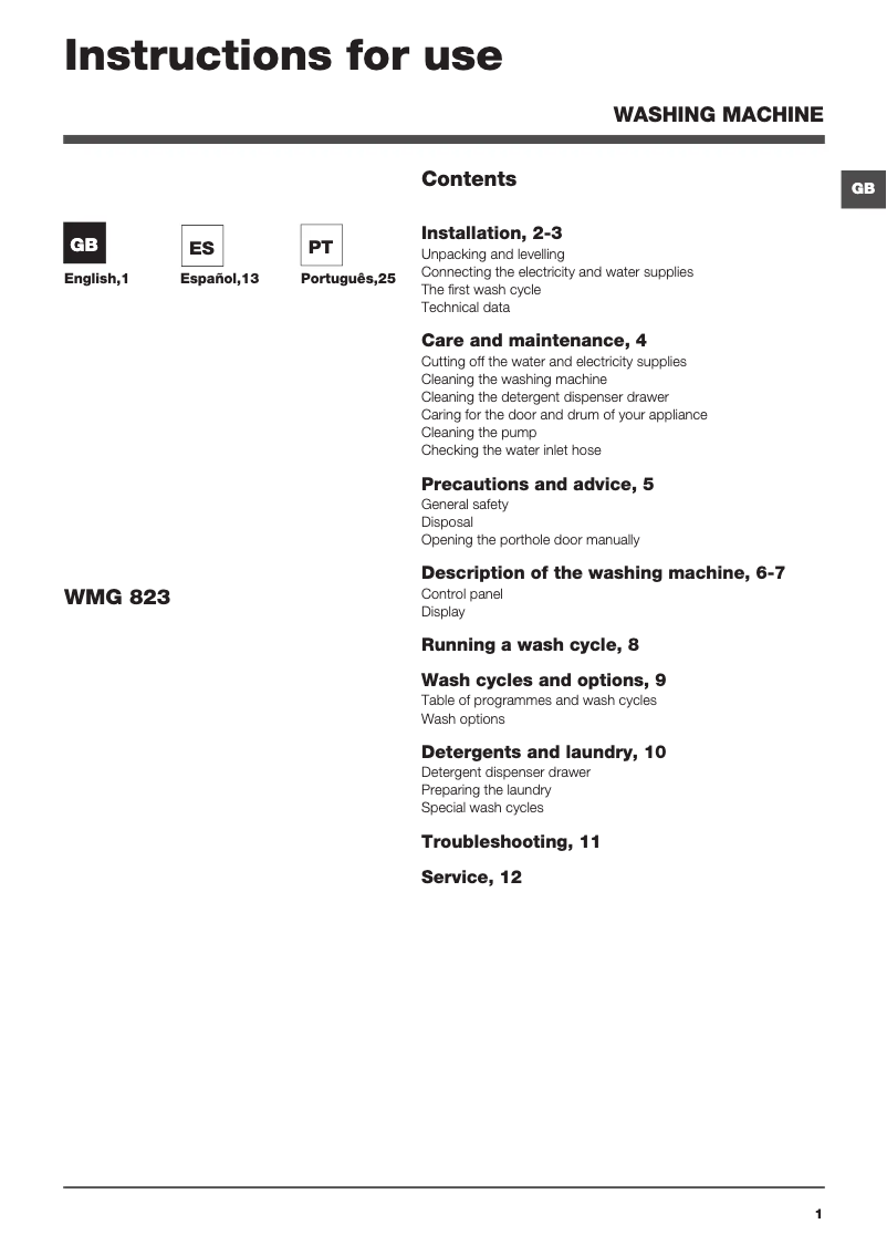 Page 1 de la notice Manuel utilisateur Hotpoint Ariston WMG 823B EU