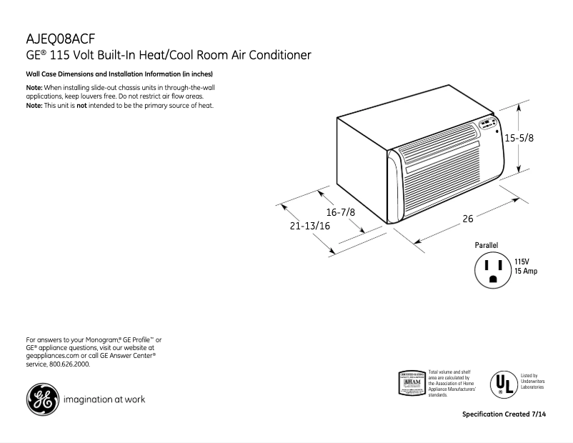 Page 1 of the manual Technical Sheet GE AJEQ08ACF